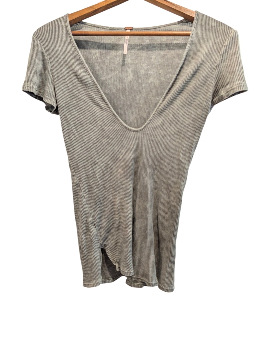 Free People Faded Gray Ribbed Deep V-Neck Short Sleeve Tee